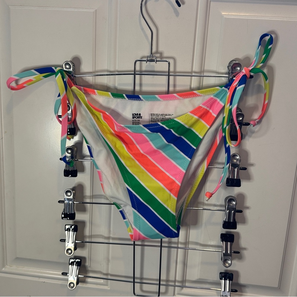 Love and Sports Swim Malibu Stripe String Bikini Bottoms Multicolor Rainbow Sz L